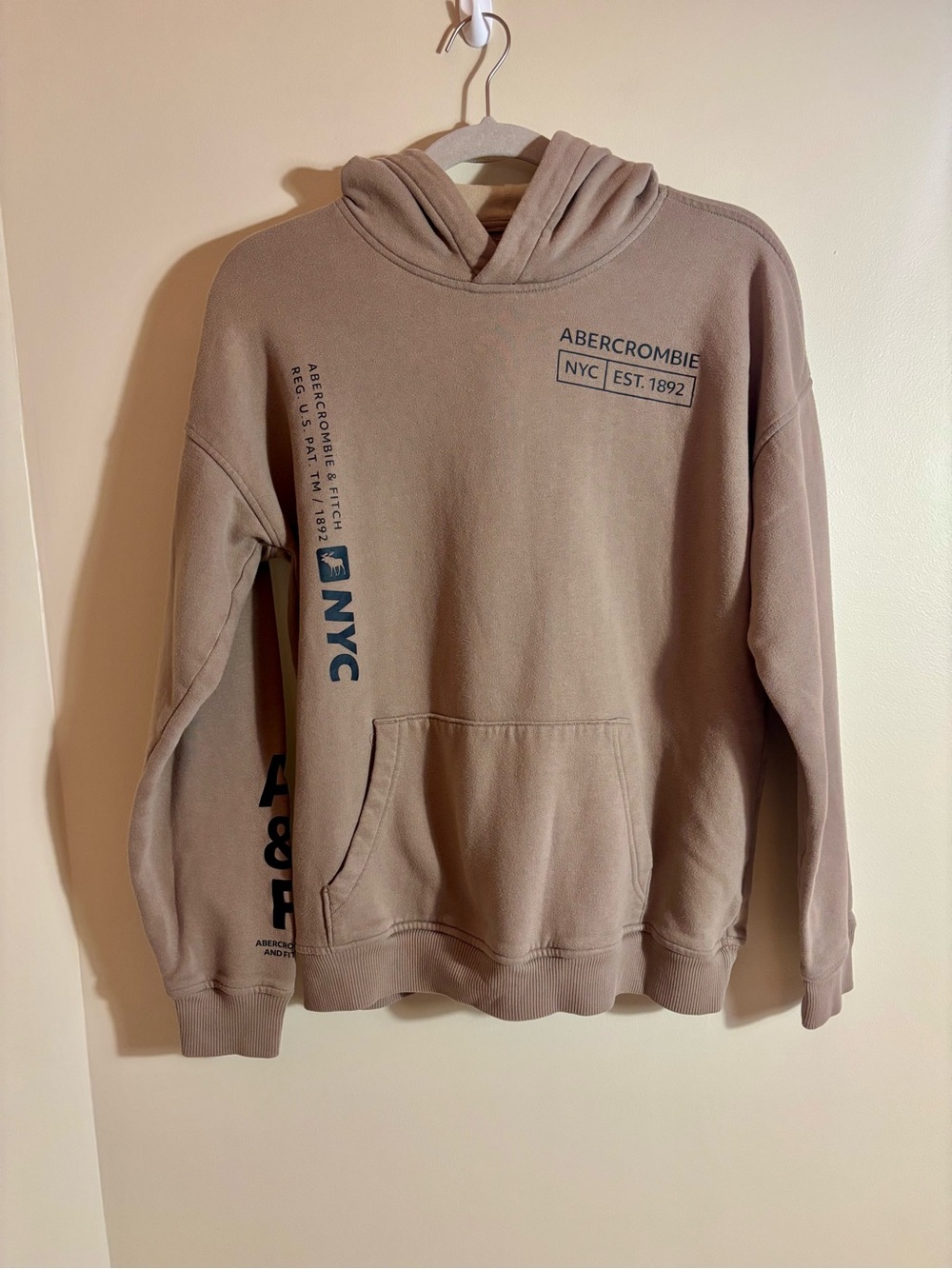 Abercrombie Kids NYC Boys Logo Taupe Hoodie Sweatshirt Relaxed fit size 17/18